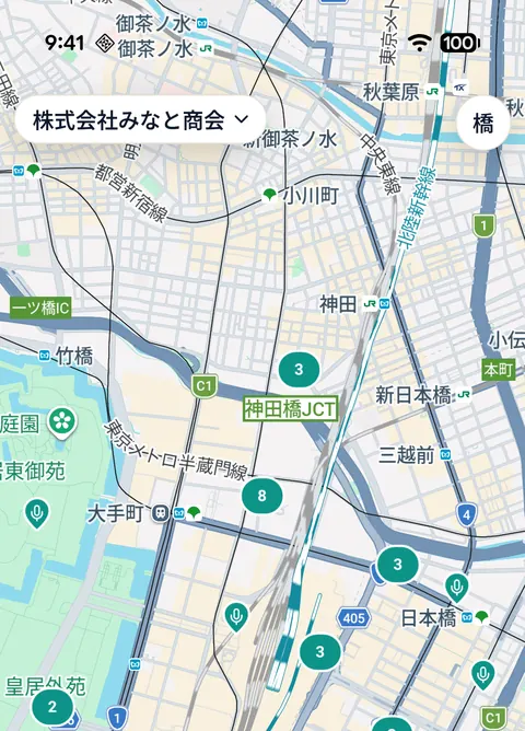 PalmsGo アプリの地図画面。録音した場所がピンとして地図上に表示されている。